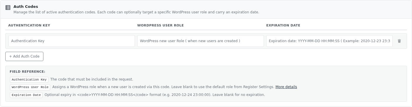 Auth Codes overview