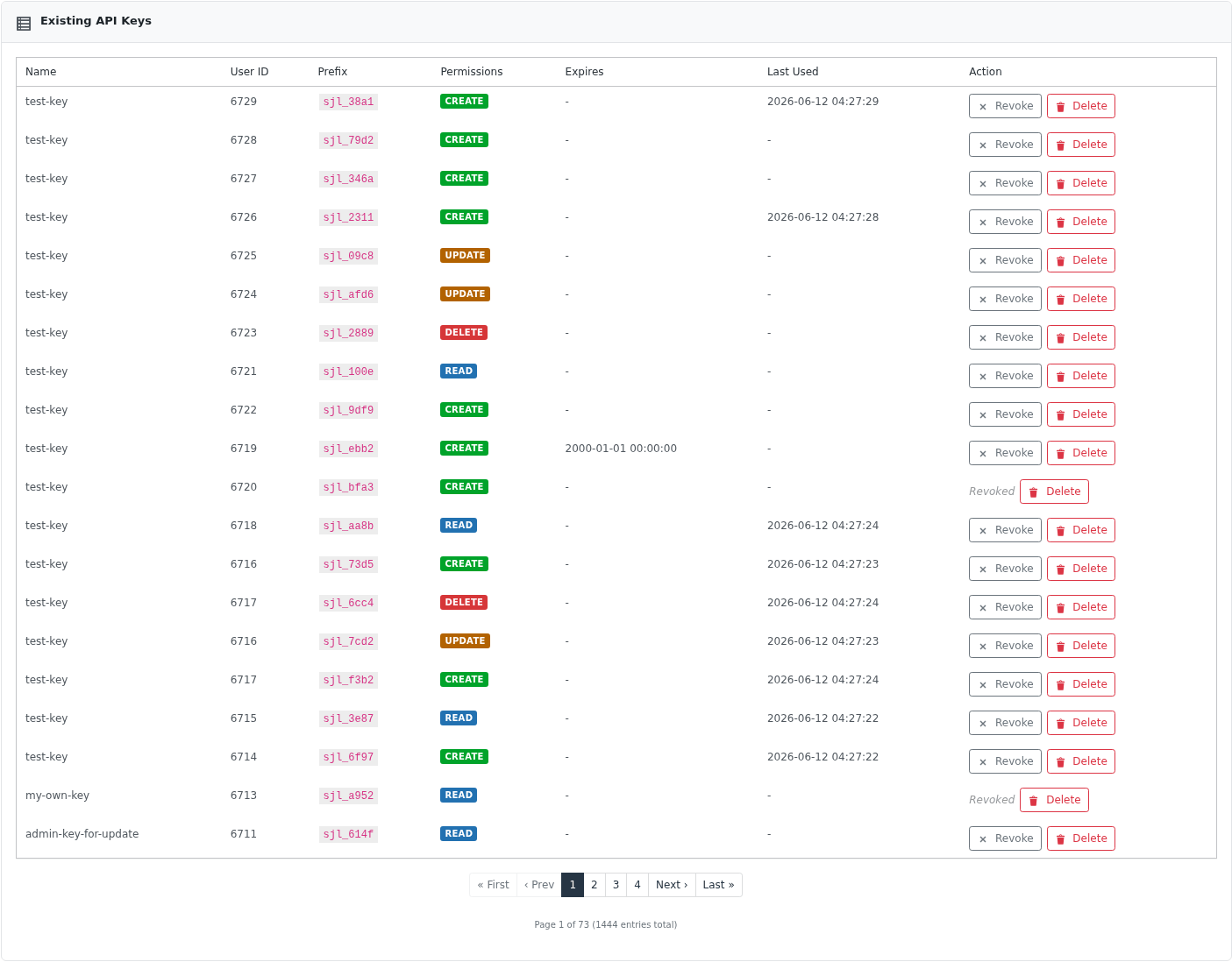 Existing API Keys table