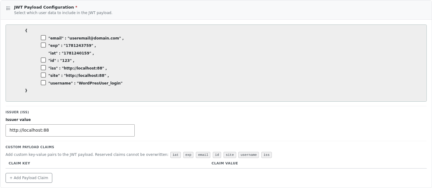 JWT Payload Configuration