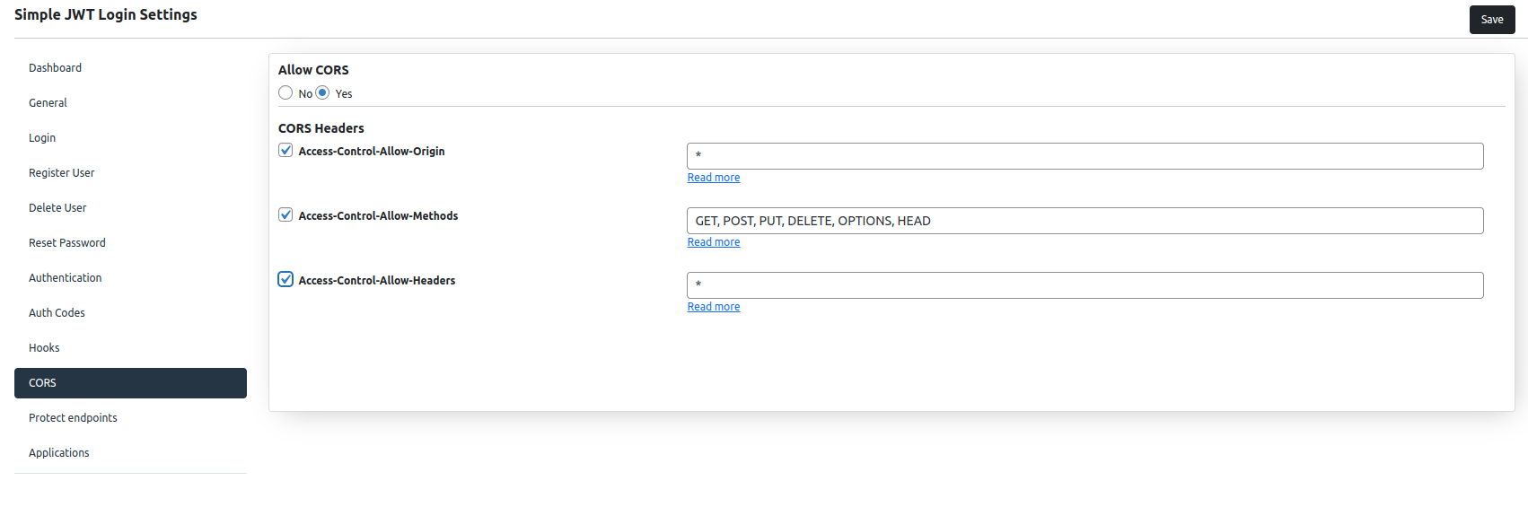 CORS settings screen for Simple JWT Login v3.0.0