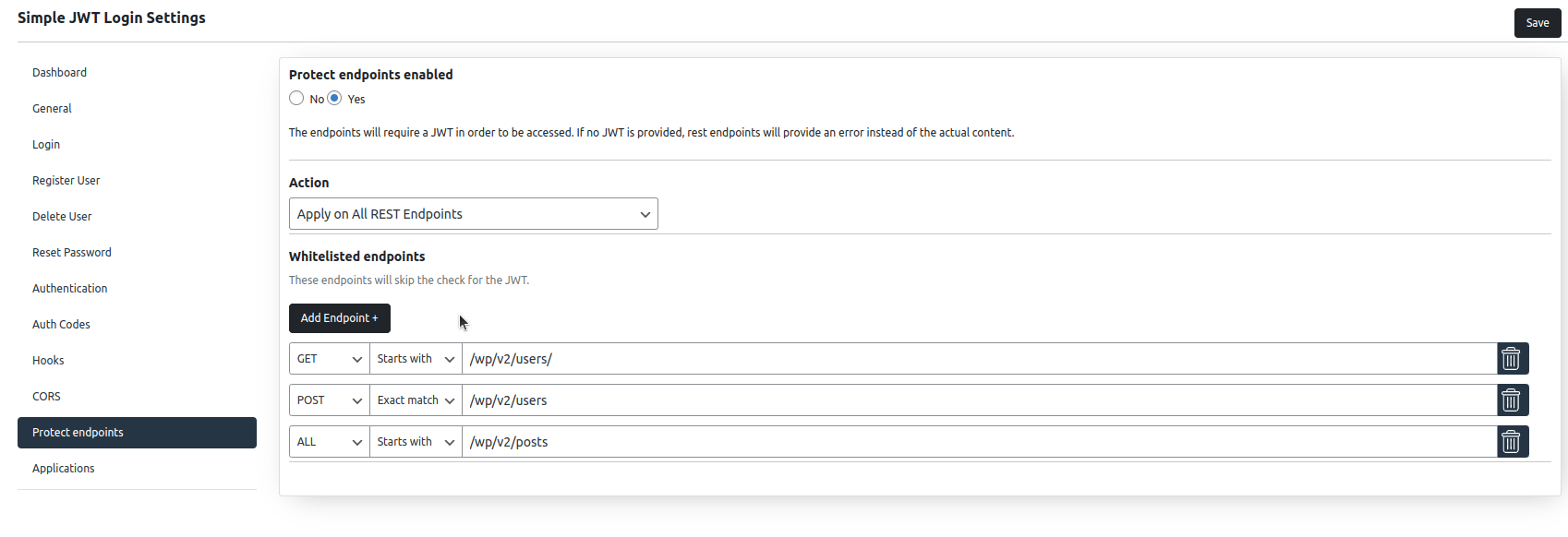 Protect endpoints settings screen for Simple JWT Login v3.0.0