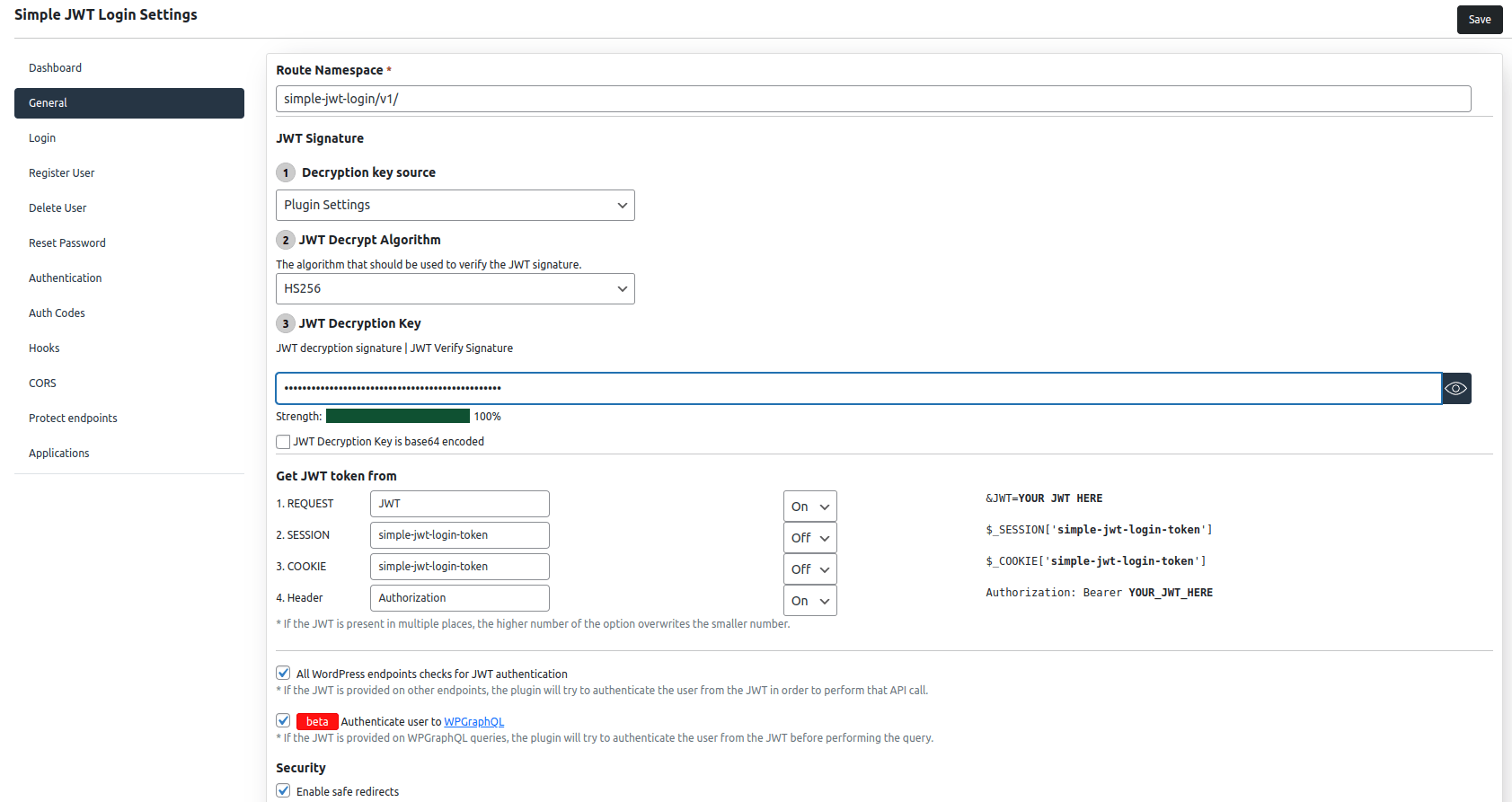 General settings screen for Simple JWT Login v3.0.0
