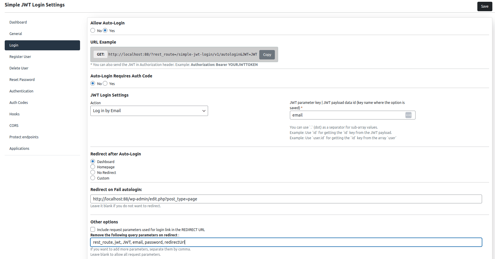 Login user API settings screen for Simple JWT Login v3.0.0