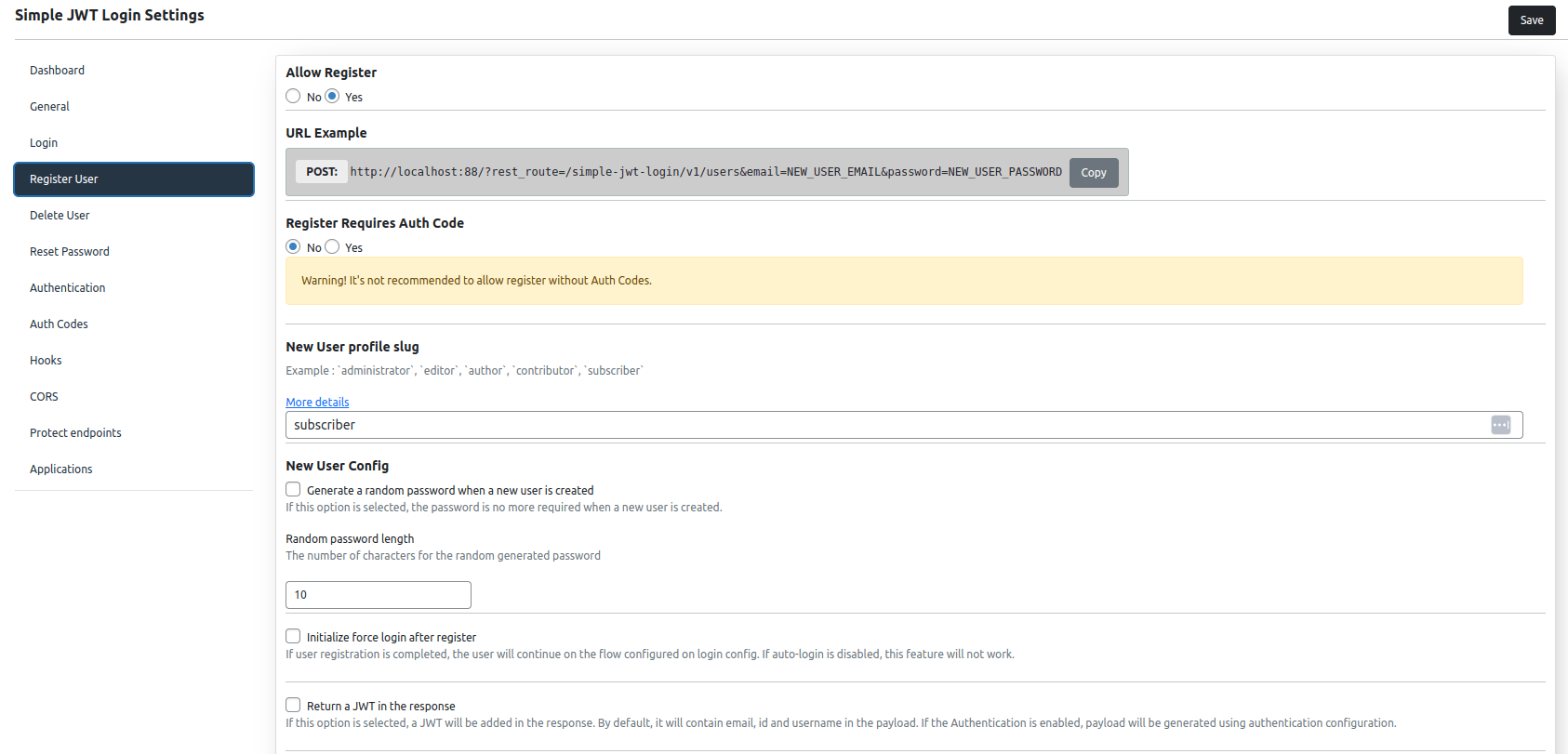 Register user API settings screen for Simple JWT Login v3.0.0