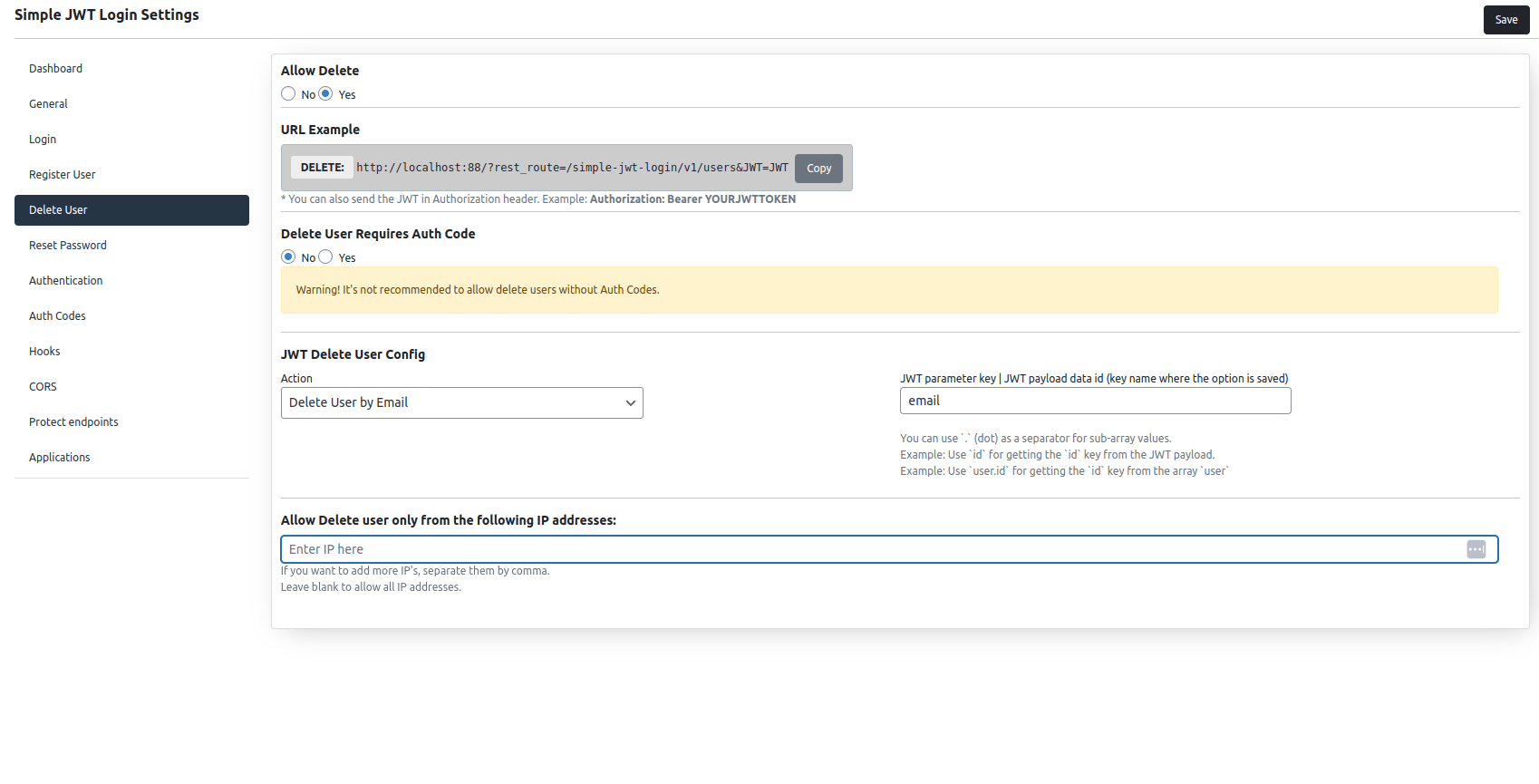 Delete user API settings screen for Simple JWT Login v3.0.0