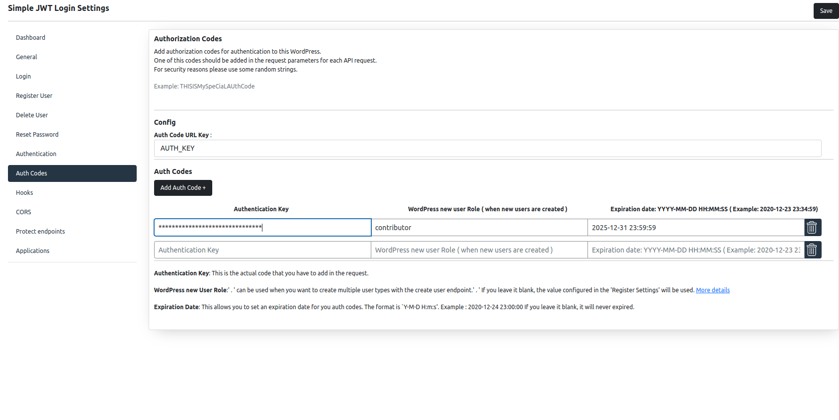 Auth Codes settings screen for Simple JWT Login v3.0.0