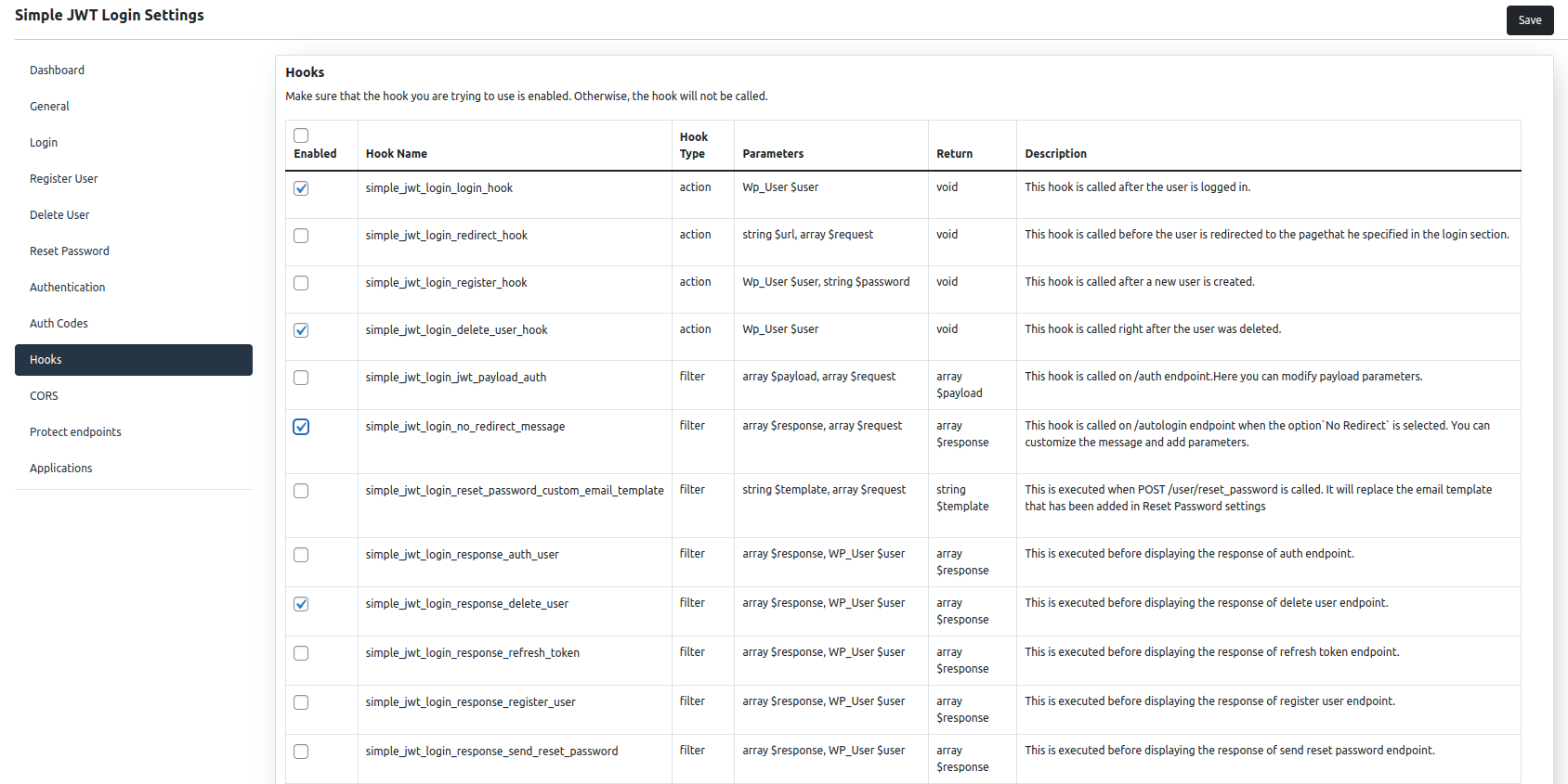 Hooks settings panel