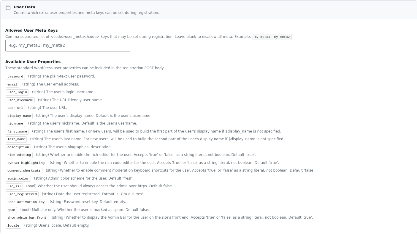 User Data settings